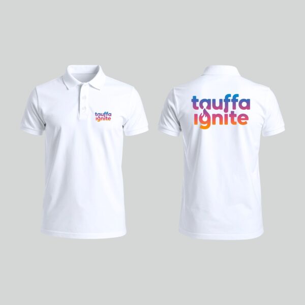 3 Custom Chest & Back Printed White Polo T-Shirt 80% Cotton 20% Spandex for Corporate Uniforms, Branding, Staff Wear and Promotional Events