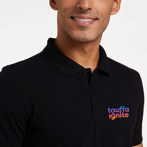 94 Custom Chest & Back Printed Black Spun Polo T-Shirt 50% Cotton 50% Spandex for Corporate Uniforms, Business Branding, Staff Wear and Promotional Events