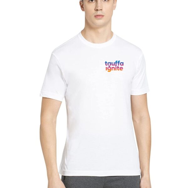 PRODUCT IMAGES 1 (2) Custom Chest and Back Printed White Dry Fit Round Neck T-Shirt for Sports, Corporate Branding and Events